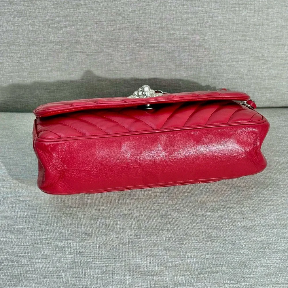 CHANEL Red Lambskin Chevron Flap Bag SHW Lion Hardware - Picture 5 of 16